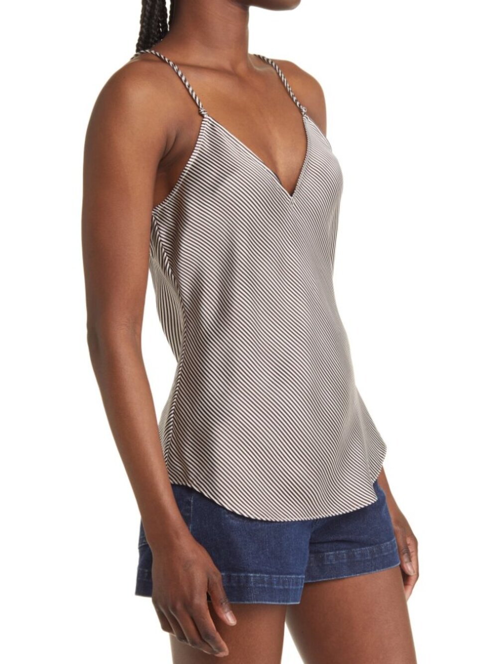 FRAME Classic V-Neck Silk Cami - Chocolate/White Stripe - Size Medium